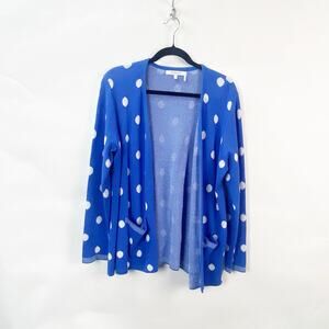 Foxcroft Large Petite Womens Blue White Polka Dot Open Front Cardigan Sweater
